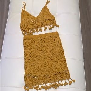 Two piece yellow knit top and skirt